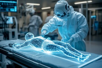 Aufkleber - Medical professional conducts advanced procedure on holographic patient model in futuristic lab environment