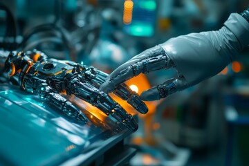 Poster - futuristic robotic hand reaching out to touch an advanced robotic arm in a high-tech laboratory envi
