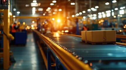 Poster - industrial conveyor belt system in a warehouse during sunset with delivery packages moving through a