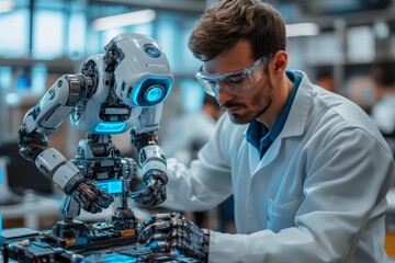 Poster - Engineer repairs robotic arm in high-tech lab space during innovative technology project