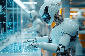 Poster - Advanced robot working on holographic interface in futuristic technology lab