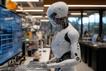 Aufkleber - Sophisticated humanoid robot interacts with computer in a modern technology lab during daylight