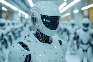 Aufkleber - Advanced humanoid robots displayed in a modern manufacturing facility during a demonstration of artificial intelligence technology