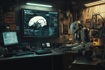 Leinwandbilder - Robot working on complex programming tasks in a dimly lit, high-tech workshop at night