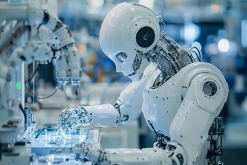 Aufkleber - Advanced robotic arm assembling intricate components in a high-tech manufacturing facility