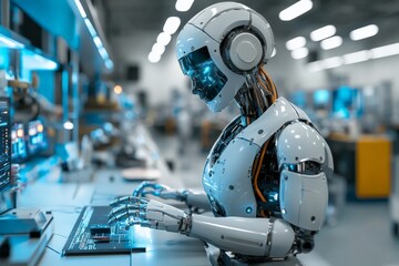 Poster - Robot interacts with advanced control panel in high-tech laboratory environment during technical operation