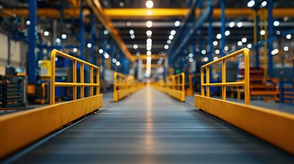 Poster - industrial manufacturing interior with conveyor belt and heavy machinery in modern factory setting u