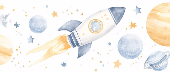 Wall Mural - watercolor rocket flying past planets and stars on white background in space theme