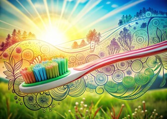 Poster - Double Exposure: Artistic Doodle Toothbrush & Nature Scene - Stock Photo