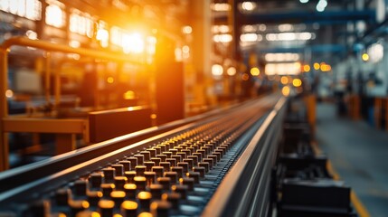 Poster - industrial production line with bright sunlight streaming through windows in a modern factory settin