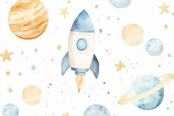 Wall Mural - a charming watercolor space illustration featuring a small rocket floating among pastel-colored plan