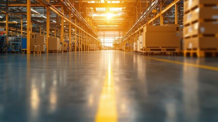 Poster - bright and spacious warehouse interior with sunlight streaming through large windows, depicting an o