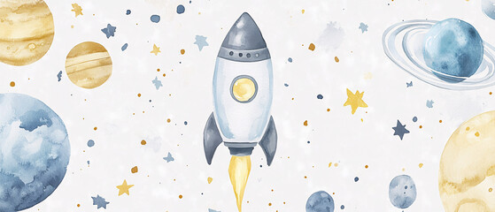 Wall Mural - A whimsical watercolor illustration of a rocket soaring through space surrounded by planets stars and cosmic elements in soft blue and yellow tones

