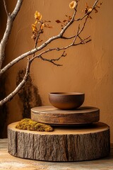 Poster - A wooden podium on a beige background is accompanied by birch bark, a wooden branch, and green moss, forming an empty display case for showcasing cosmetic products