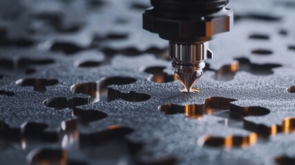 Poster - Automated CNC router carving precise cuts into an aluminum sheet.