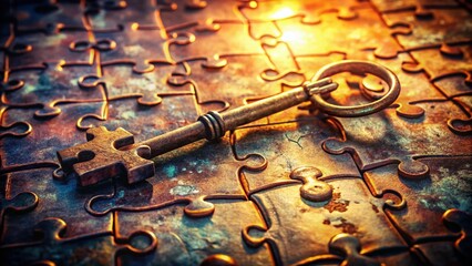 Wall Mural - Double Exposure: Intricate Puzzle Pieces & Antique Key - Abstract Stock Photo