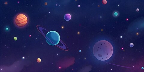 colorful cosmic wallpaper featuring various planets and celestial bodies in a vibrant space setting