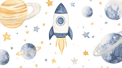 Wall Mural - a whimsical watercolor rocket surrounded by planets and stars on a white background

