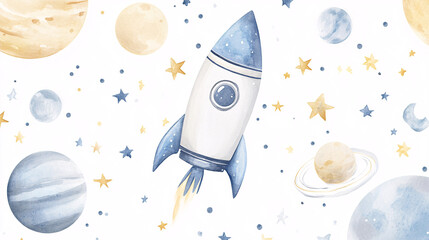 Wall Mural - a watercolor rocket with planets and stars on a white background creating a playful space scene