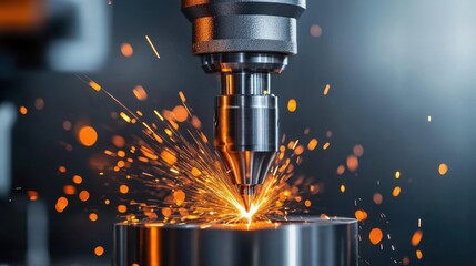 Poster - Close-up of a CNC spindle cutting into a solid block of steel.
