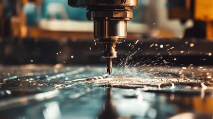 Poster - Close-up of a CNC spindle cutting into a solid block of steel.
