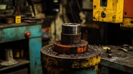 Poster - Close-up of CNC lathe chuck holding a spinning metal workpiece.