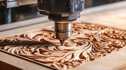 Poster - Close-up of CNC spindle carving patterns into an industrial workpiece.
