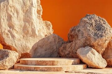 Poster - A concrete stone podium surrounded by stone rocks, featuring a cylinder-shaped slab pedestal for showcasing natural cosmetic products, created using 3D rendering