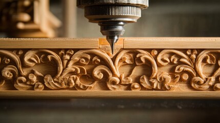 Poster - High-speed CNC wood router carving a decorative furniture piece.