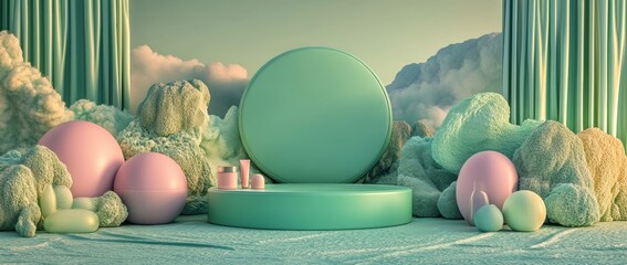 Poster - A green podium is displayed with a satin wave curtain set against a green background, featuring an empty pedestal for showcasing natural cosmetics products in a 3d rendering