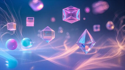 Poster - Floating colorful geometric shapes in a vibrant digital space with glowing light effects