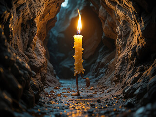 Poster - candle character walking through a cave . Generative AI