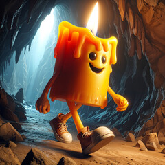Poster - candle character walking through a cave . Generative AI