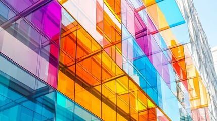 Poster - Vibrant glass wall installation modern building architectural photography urban environment colorful perspective creative design