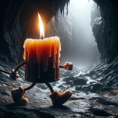 Poster - candle character walking through a cave . Generative AI