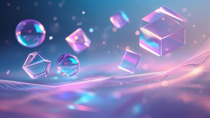 Poster - Floating geometric shapes create a mesmerizing visual display with colorful light reflections