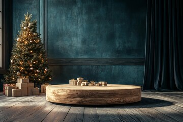 Poster - A Christmas setting features an empty dark blue podium accompanied by Xmas trees, available as stock