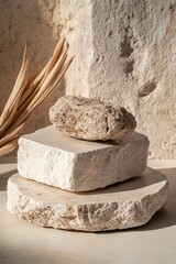 Poster - Rough stone rock slabs serve as a minimal podium for showcasing products, available in stock