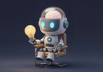 Poster - cute robot with light bulb. Generative AI