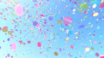 a blue sky with colorful confetti falling.