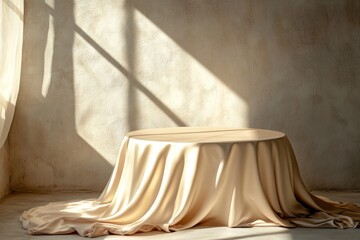 Poster - Luxury product showcase featuring elegant beige satin fabric on a display pedestal, stock available