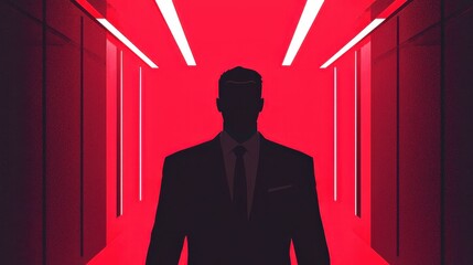 Poster - Business intelligence analytics real-time concept. A silhouette of a man in a suit stands in a brightly lit corridor, featuring striking red lighting that creates a dramatic and intense atmosphere.