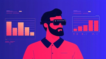 Poster - Business intelligence analytics real-time concept. A digital illustration of a man wearing smart glasses, surrounded by colorful data visualizations, representing technology and analytics.