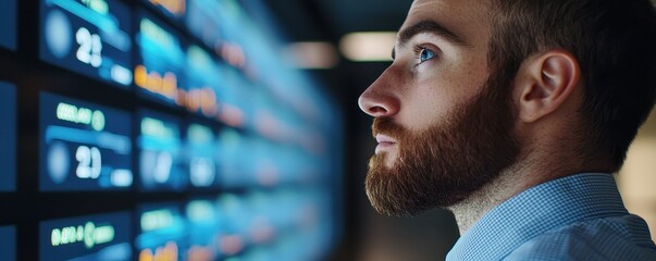 Poster - Business intelligence analytics real-time concept. A focused man observing digital data displays, likely analyzing financial trends or stock market information.