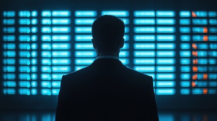 Poster - Business intelligence analytics real-time concept. A silhouette of a man in a suit stands before a glowing, abstract backdrop, creating a sense of mystery and intrigue.