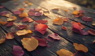 Wall Mural - Artistic close-up of colorful autumn leaves scattered on a rustic wooden surface, illuminated by soft natural light creating a seasonal aesthetic