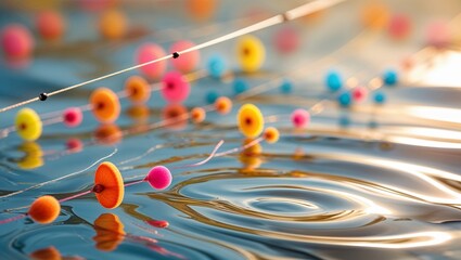 Poster - Colorful floating objects create serene ripples on calm water at sunset near a peaceful lakeside