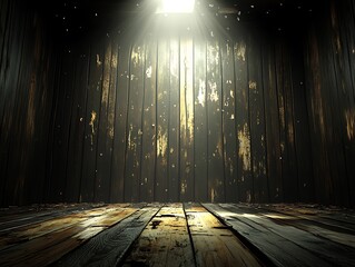 Poster - Moody, Dark Wooden Interior with Spotlight Illuminating a Textured Backdrop