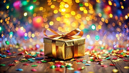 Wall Mural - festive gift box with golden ribbon & colorful confetti explosion - bokeh background stock photo
