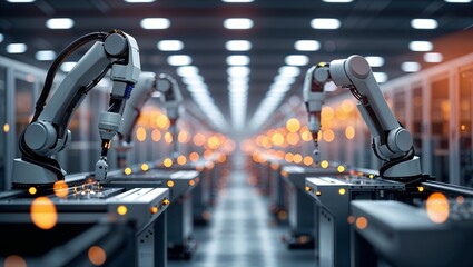 Poster - Advanced robotic arms automate production line in a modern manufacturing facility during night shift